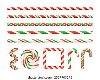 Christmas candy cane line set. Seamless straight lines with repeating Xmas striped candy lollipop pattern. Candy Ornament. Cartoon realistic vector illustration collection isolated on background