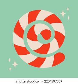 Christmas candy cane lollipop illustration. Striped spiral shape isolated on blue background. Cute xmas candy cane concept, holiday greetings. Great for Christmas and New Year party design.