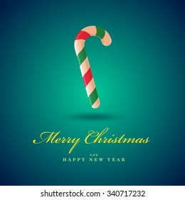 Christmas candy cane.  Merry Christmas card. Blue vector background.