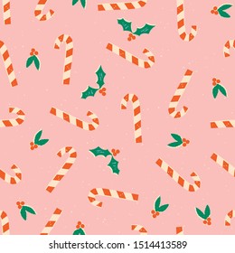 Christmas Candy Cane With Mistletoe Seamless Pattern On Pink Background. Traditional Christmas Food For Celebration Of New Year. 