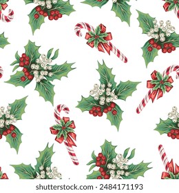 Christmas candy cane and mistletoe seamless pattern. Holiday decoration wallpaper.	