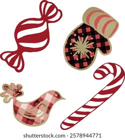 Christmas candy, cane, mitten, bird, tartan plaid, gold, pink.  ornaments, Christmas Eve, Christmas toys, festive, decoration. Vector, set, collection. Watercolor, Vintage. Greeting