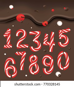 Christmas candy cane numbers. Figures 1, 2, 3, 4, 5, 6, 7, 8, 9, 0. Christmas Colours. Red, White Striped. Classic Xmas Mint Hard Candy Cane. New Year Design. 