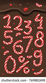 Christmas candy cane numbers. Numbers Sign Set Vector. 3D Numerals. Figures 1, 2, 3, 4, 5, 6, 7, 8, 9, 0. Christmas Colours. Red, White Striped. Classic Xmas Mint Hard Candy Cane. New Year Design. 