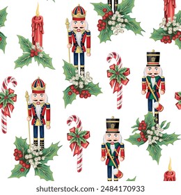 Christmas candy cane, nutcracker, candle and mistletoe seamless pattern. Holiday decoration wallpaper.	