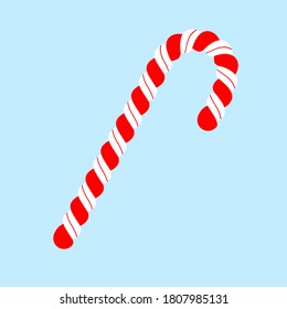 Christmas candy cane on blue background. Red and white striped sweet stick. Vector cartoon Illustration in flat style. Christmas and New Year vector icon. Xmas symbol