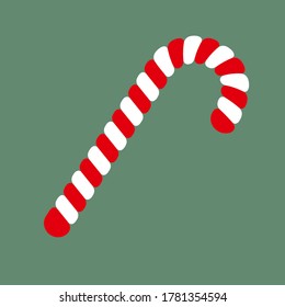 Christmas candy cane on green background. Red and white striped sweet stick. Vector cartoon Illustration in flat style. Christmas and New Year vector icon. Xmas symbol