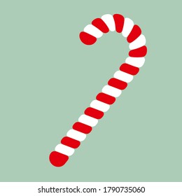 Christmas candy cane on green background. Red and white striped sweet stick. Vector cartoon Illustration in flat style. Christmas and New Year vector icon. Xmas symbol