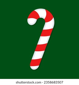 Christmas candy cane on a green background. Candy-lollipop in the form of a stick. Vector illustration of a New Year's mint stick.