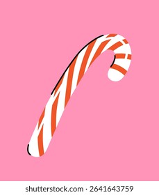 Christmas candy cane on pink background, colorful modern hand drawn vector illustration, drawing, flat style