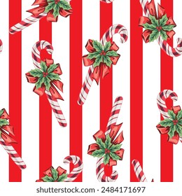 Christmas candy cane on the striped background seamless pattern. Holiday wallpaper.	