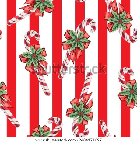 Christmas candy cane on the striped background seamless pattern. Holiday wallpaper.	