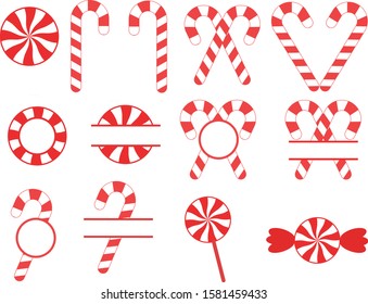 christmas candy cane on white background. set of red sweetmeats. candy cane sign. candy cane and lollipop symbol.