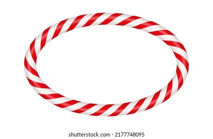 Christmas candy cane oval frame with red and white striped. Xmas border with striped candy lollipop pattern. Blank christmas and new year template. Vector illustration isolated on white background.