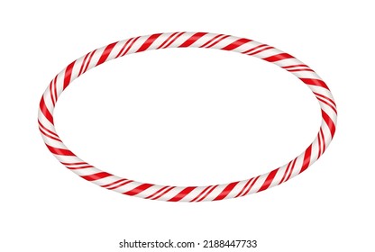 Christmas candy cane oval frame with red and white striped. Xmas border with striped candy lollipop pattern. Blank christmas and new year template. Vector illustration isolated on white background.