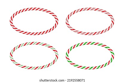 Weihnachtskuchenrahmen mit rotem und grünem Streifen. Weihnachtsrahmen mit gestreiftem Süßigkeiten-Lollipop-Muster. Leere Weihnachten und neue Jahresvorlage. Vektorgrafik einzeln auf weißem Hintergrund.