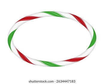 Christmas candy cane oval frame from red, white and green twisted stripes. Round border with striped candy lollipop pattern. New Year and Xmas holiday ornament. Vector festive element design