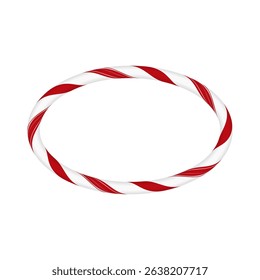 Christmas candy cane oval frame with red and white twisted stripes. Round border with striped candy lollipop pattern. New Year and Xmas holiday ornament. Vector festive element design