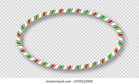 Christmas candy cane oval frame with red, green and white stripes. Perfect for holiday cards, banners, or festive templates. Vector illustration