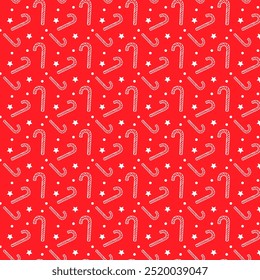 Christmas Candy Cane Pattern featuring Red and White Stripes, Stars, and Decorative Elements for Holiday Celebrations. Traditional Seasonal Symbols like Lollipops, Caramel, and Sweets for Xmas Cards.