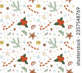 Christmas candy cane pattern, floral leaves, berries, snowflakes, stars, fir branches elements on white background. Vector winter holiday repeat background. Cute xmas wallpaper, wrapping paper, fabric