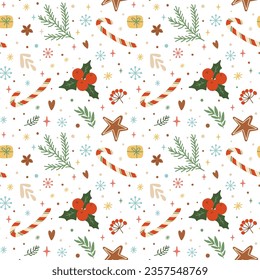Christmas candy cane pattern, floral leaves, berries, snowflakes, stars, fir branches elements on white background. Vector winter holiday repeat background. Cute xmas wallpaper, wrapping paper, fabric