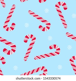 Christmas candy cane pattern on blue background. Cheerful cartoon sticker in comic style. Decorative vector stickers for your greeting cards, posters, patches, prints for clothes, flyers, emblems