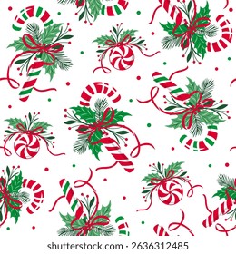 Christmas Candy Cane, Peppermint Candy, Greenery, with Bows, and Snowflakes Seamless Pattern. White Background- Christmas Seamless Patter Vector Illustration