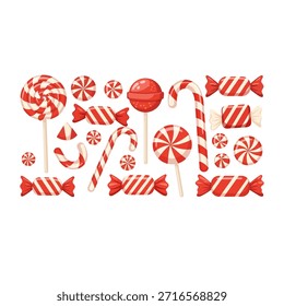 Christmas Candy Cane and Peppermint Sweets Set Flat Vector Illustration