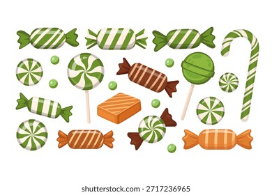 Weihnachten Candy Cane und Pfefferminze Süßigkeiten Set flache Vektorgrafik