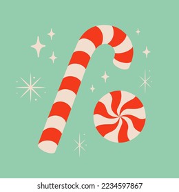 Christmas candy cane and peppermint swirl candy vector illustration on blue background. Cute xmas concept, holiday greetings. Great for Christmas and New Year party design.