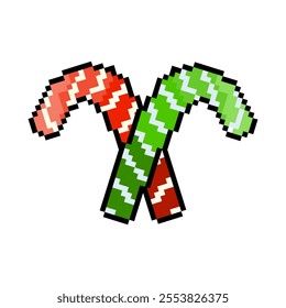 Christmas candy cane in pixel art style isolated on transparent background. Traditional striped xmas candy in red and green colors in retro video game 16bit style