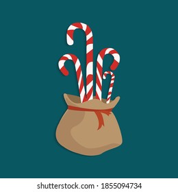 Christmas candy cane in pouch isolated vector flat illustration. design element