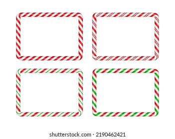 Christmas candy cane rectangle frame with red and green stripe. Xmas border with striped candy lollipop pattern. Blank christmas and new year template. Vector illustration isolated on white