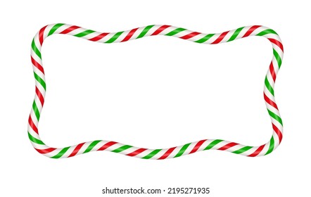 Christmas candy cane rectangle frame with red and green stripe. Xmas border with striped candy lollipop pattern. Blank christmas and new year template. Vector illustration isolated on white