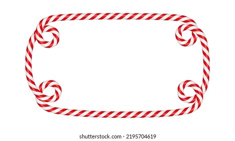 Christmas candy cane rectangle frame with red and white stripe. Xmas border with striped candy lollipop pattern. Blank christmas and new year template. Vector illustration isolated on white