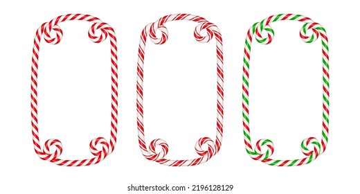 Christmas candy cane rectangle frame with red and white stripe. Xmas border with striped candy lollipop pattern. Blank christmas and new year template. Vector illustration isolated on white