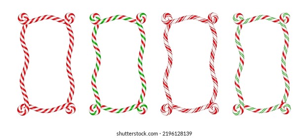 Christmas candy cane rectangle frame with red and white stripe. Xmas border with striped candy lollipop pattern. Blank christmas and new year template. Vector illustration isolated on white