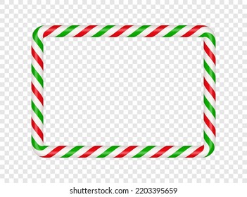 Christmas candy cane rectangle frame with red and green stripe. Xmas border with striped candy lollipop pattern. Blank christmas template. Vector illustration isolated on transparent background.