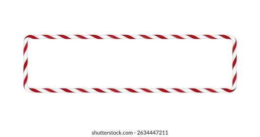 Christmas candy cane rectangle frame with red and white twisted stripes. New Year holiday element. Vector festive design. Xmas border with striped candy lollipop pattern