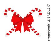 Christmas candy cane with red bow. Design element for door wreath decoration. Holiday icon for greeting cards. Flat vector stick illustration isolated on white.