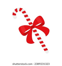 Christmas candy cane with red bow. Design element for door wreath decoration. Holiday icon for greeting cards. Flat vector stick illustration isolated on white.