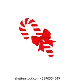 Christmas candy cane with red bow. Design element for door wreath decoration. Holiday icon for greeting cards. Flat vector stick illustration isolated on white.