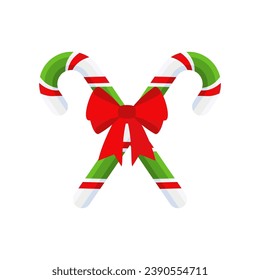 Christmas candy cane with red bow. Design element for door wreath decoration. Holiday icon for greeting cards. Flat vector stick illustration isolated on white.