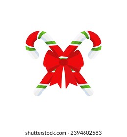 Christmas candy cane with red bow. Design element for door wreath decoration. Holiday icon for greeting cards. Flat vector stick illustration isolated on white.