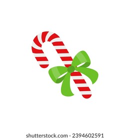 Christmas candy cane with red bow. Design element for door wreath decoration. Holiday icon for greeting cards. Flat vector stick illustration isolated on white.