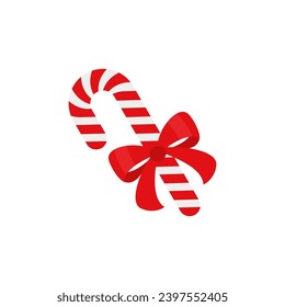 Christmas candy cane with red bow. Design element for door wreath decoration. Holiday icon for greeting cards. Flat vector stick illustration isolated on white.