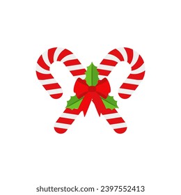 Christmas candy cane with red bow. Design element for door wreath decoration. Holiday icon for greeting cards. Flat vector stick illustration isolated on white.