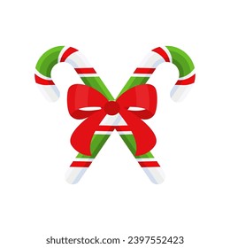 Christmas candy cane with red bow. Design element for door wreath decoration. Holiday icon for greeting cards. Flat vector stick illustration isolated on white.