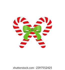 Christmas candy cane with red bow. Design element for door wreath decoration. Holiday icon for greeting cards. Flat vector stick illustration isolated on white.